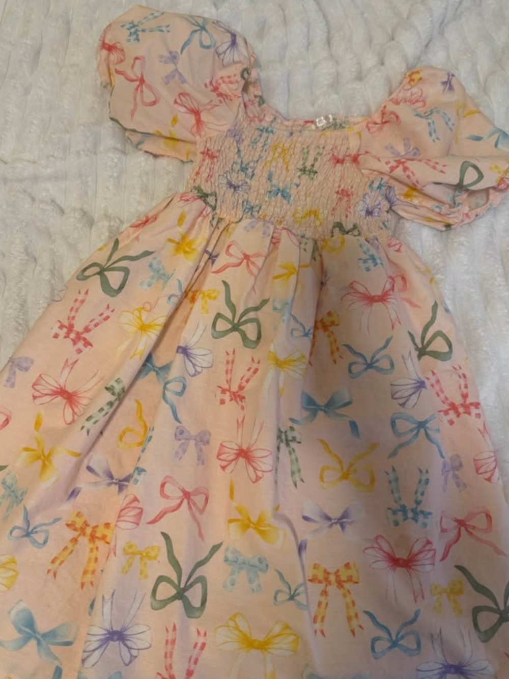 Girls' Pink Bow-Print Puff Sleeve Dress-
Size 8